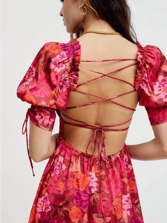 For Love & Lemons Red-Pink Floral Puff-Sleeve Mini Dress - Picture 2 of 7